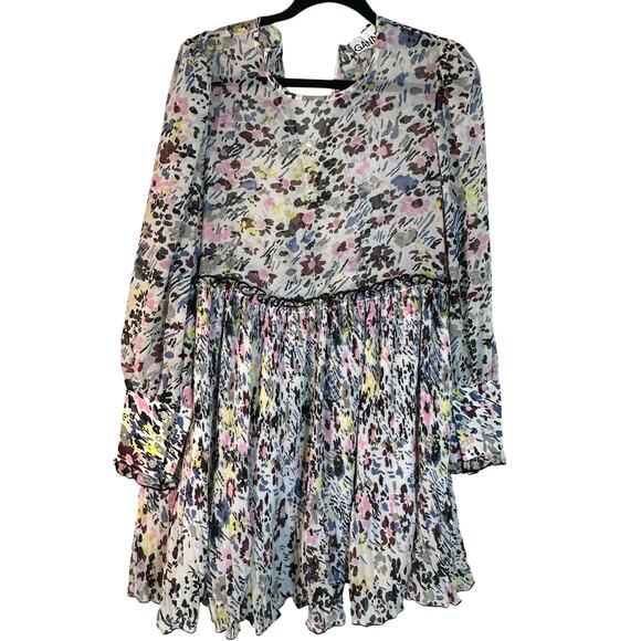 GANNI Floral Plisse Pleated Georgette Mini Dress in Ivory Floral - Picture 3 of 7